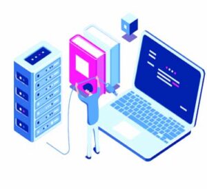 Person connecting a backup storage device to a laptop, illustrating daily backup services for WordPress website security and maintenance.