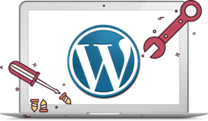 WordPress logo on a laptop with tools, representing Secure WP Solutions' maintenance and support services for WordPress sites.