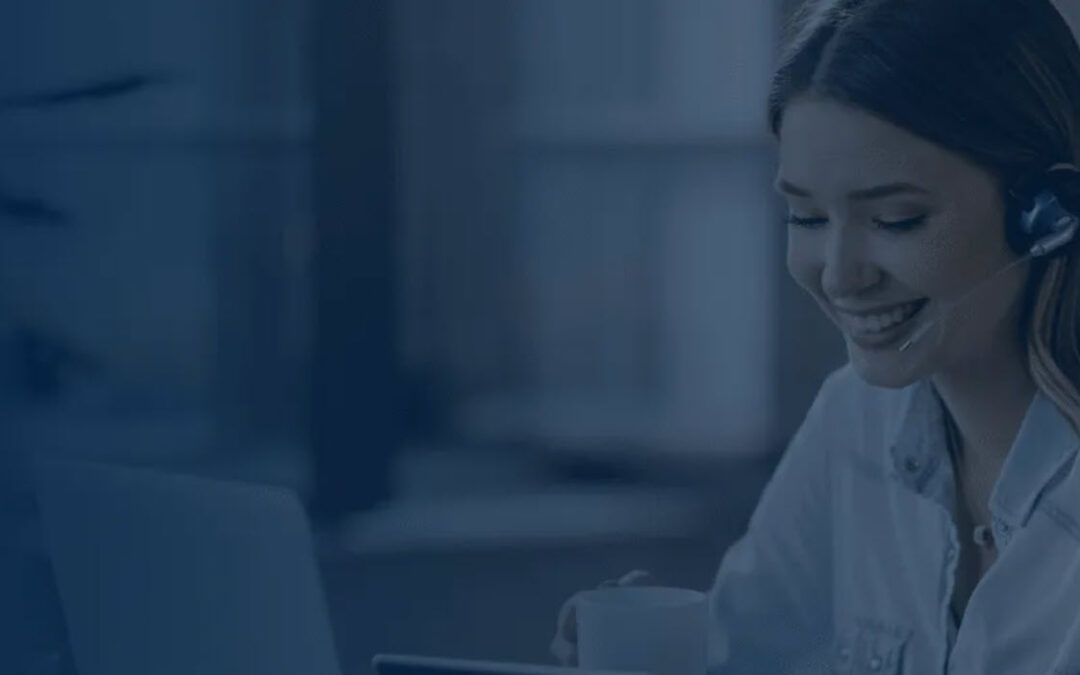Smiling woman wearing a headset, engaging in a call while holding a cup, representing WordPress support and consultation services.
