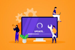 Illustration of a computer screen displaying an "UPDATE" message, with a person sitting on top, another person holding a megaphone, and a wrench symbolizing website maintenance, alongside gears and a plant, representing Secure WP Solutions' WordPress maintenance services.