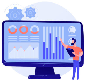 Illustration of a person analyzing performance metrics on a computer screen, featuring graphs and gears, representing performance management for WordPress sites.