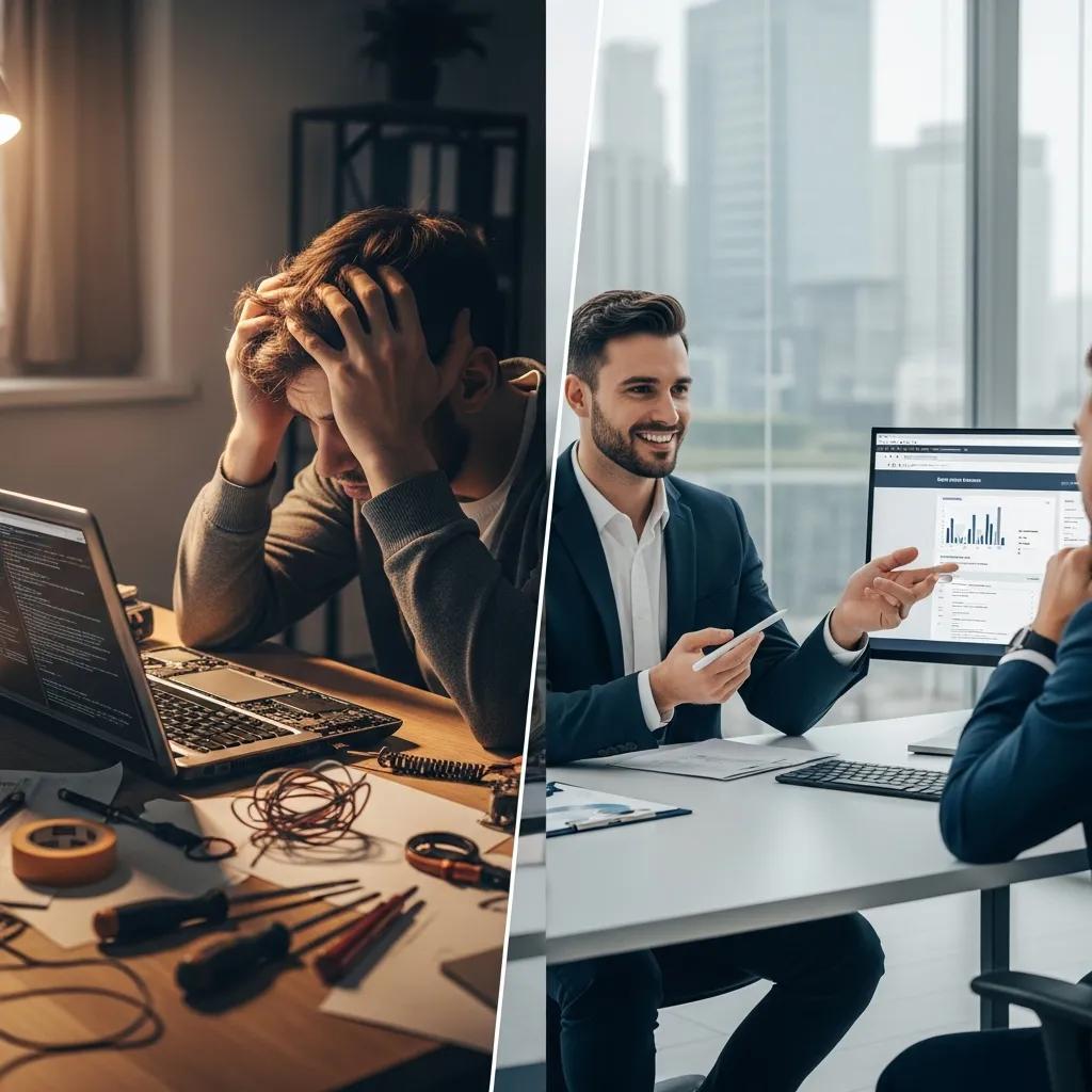Comparison of stressed individual managing DIY WordPress maintenance and professional consultant discussing website performance in modern office setting.
