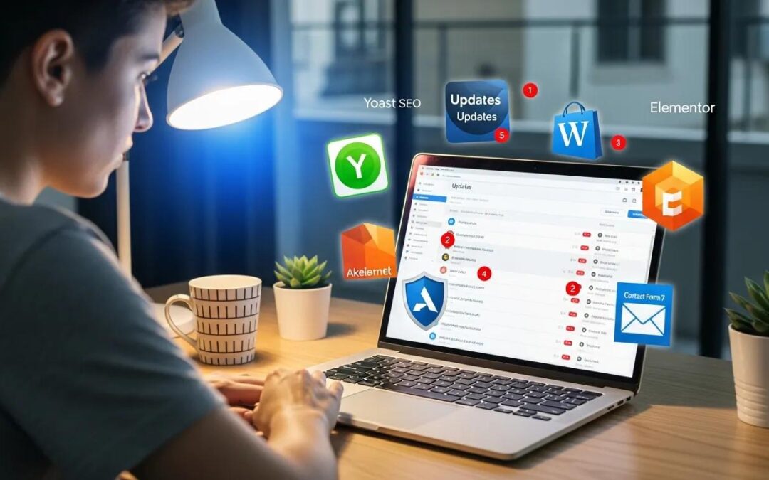 Person managing WordPress plugins on laptop, emphasizing updates and security features, with visible plugin icons like Yoast SEO and Elementor.