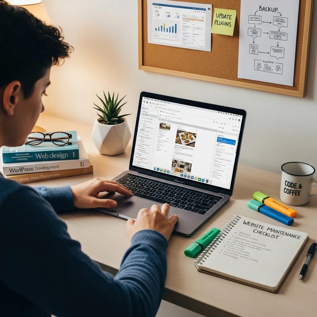 Person managing WordPress website maintenance on a laptop, with notes and tools for DIY upkeep, illustrating the choice between DIY and professional WordPress support.