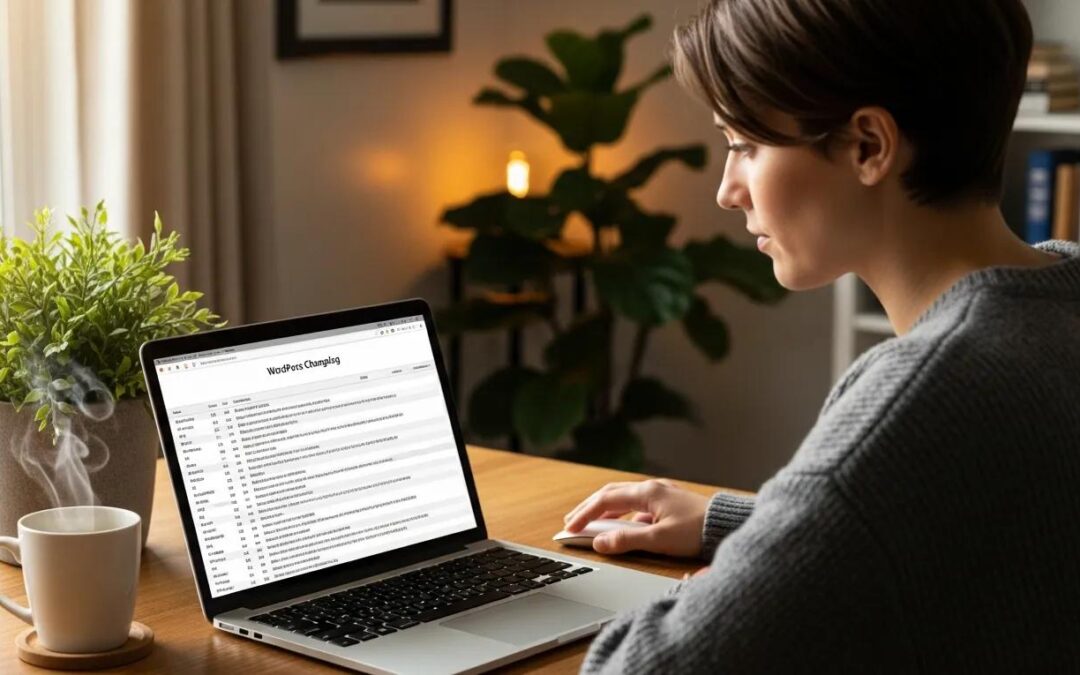 Person reviewing a WordPress changelog on a laptop in a cozy workspace with a coffee cup and indoor plants.