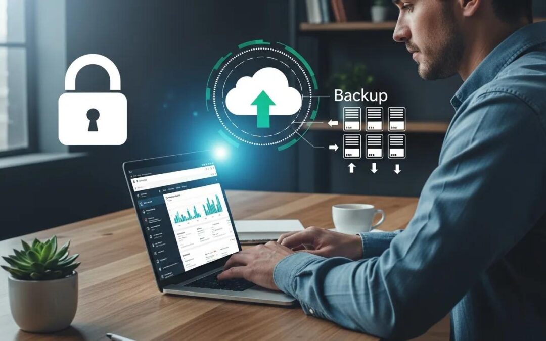 Person working on a laptop displaying a WordPress dashboard, with icons representing data security and cloud backup, emphasizing website maintenance and security.
