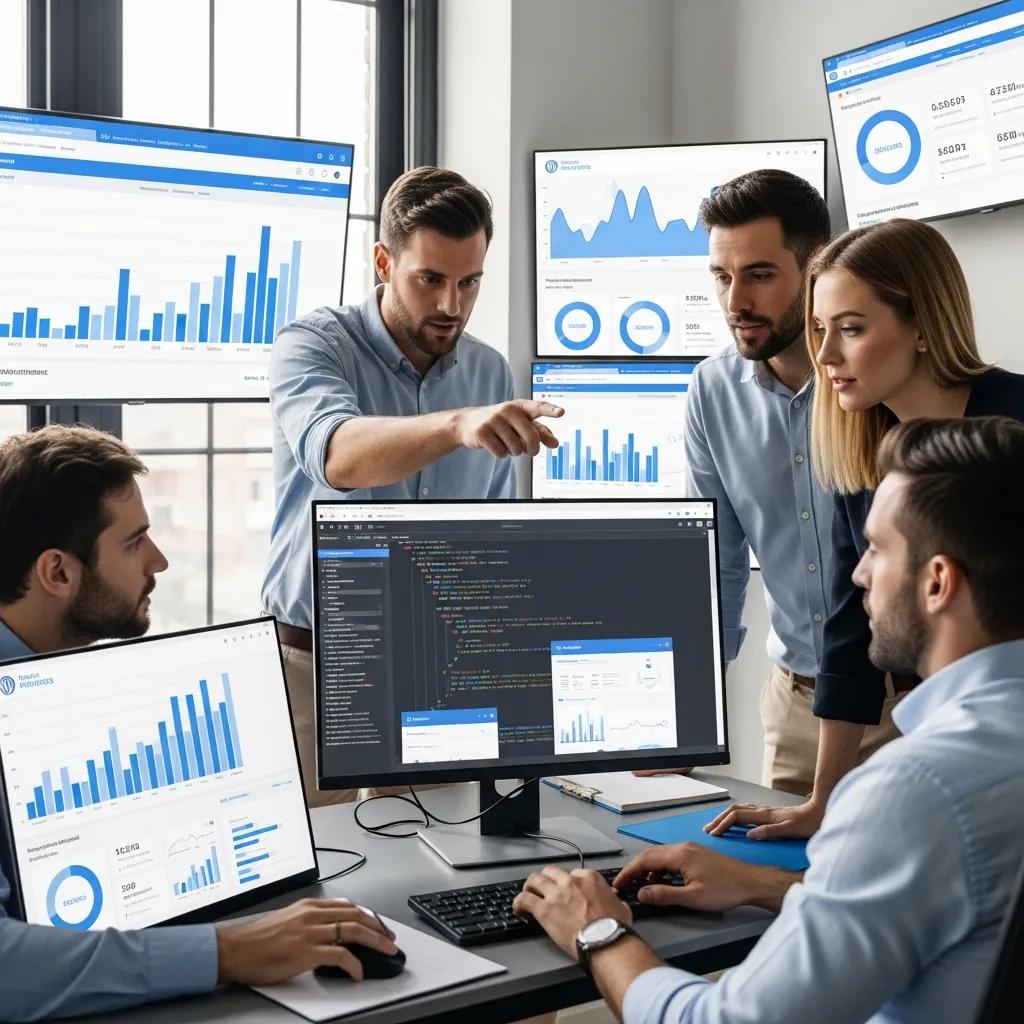 Team collaborating on WordPress maintenance, analyzing performance charts and code on multiple screens, emphasizing the importance of professional support for website security and reliability.