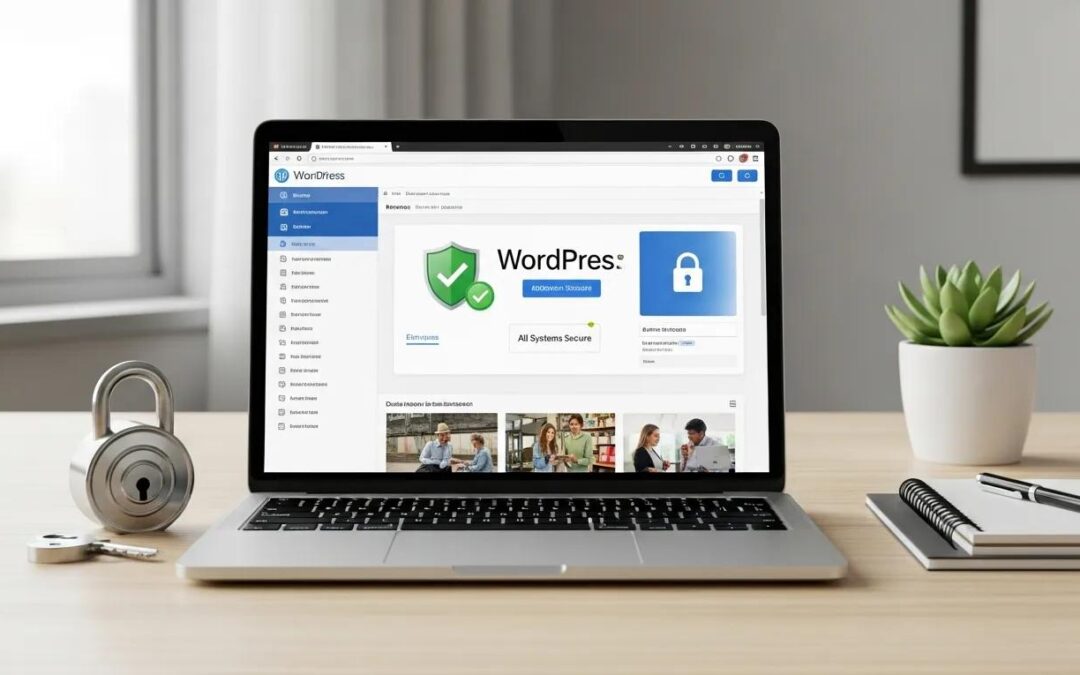 WordPress dashboard displaying security icons, including a green checkmark and padlock, emphasizing website protection and system security.