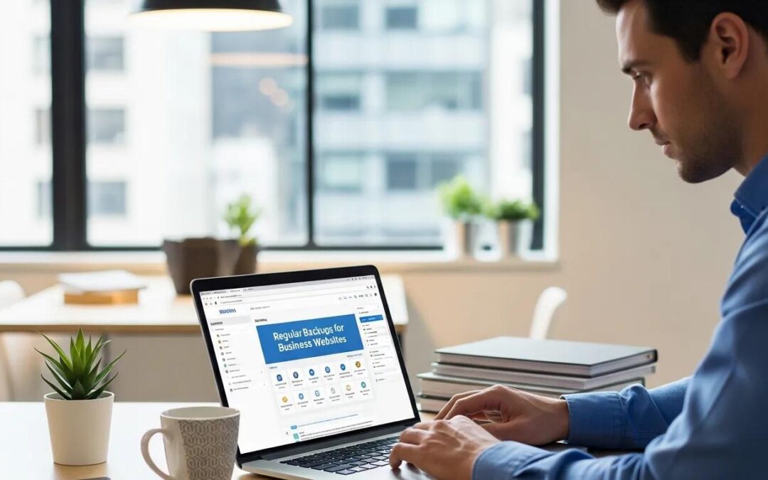 Business professional using a laptop to manage WordPress backups in a modern office