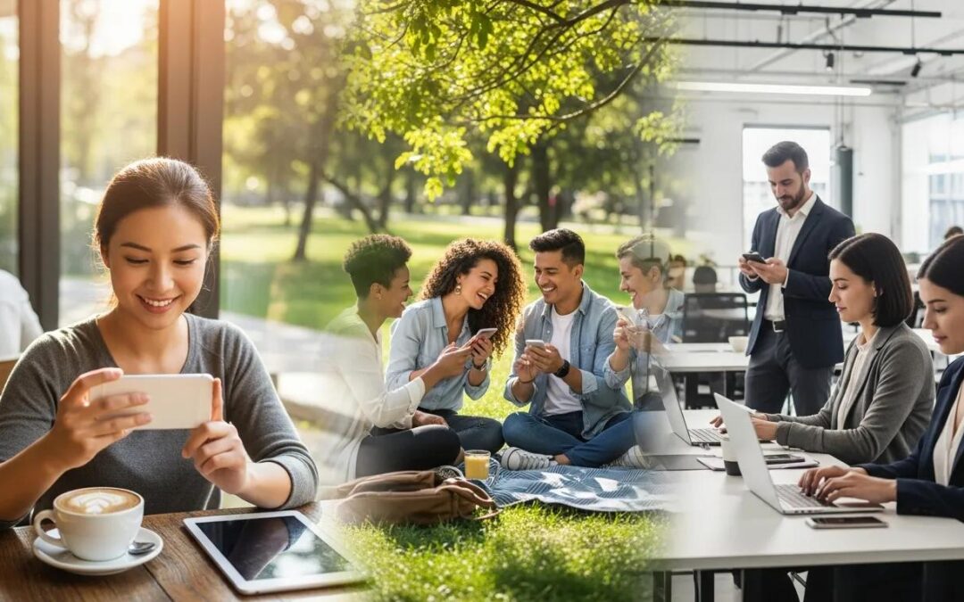 Diverse individuals using mobile devices in various settings, highlighting the importance of mobile-friendly websites