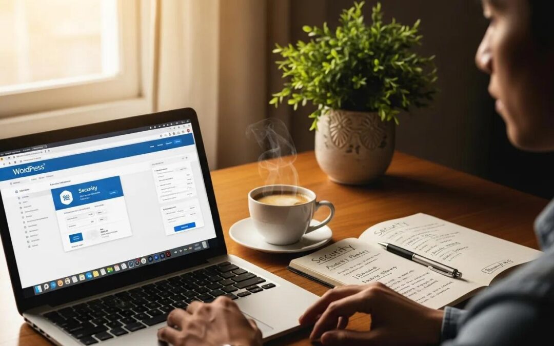 Person securing a WordPress website in a cozy home office setting