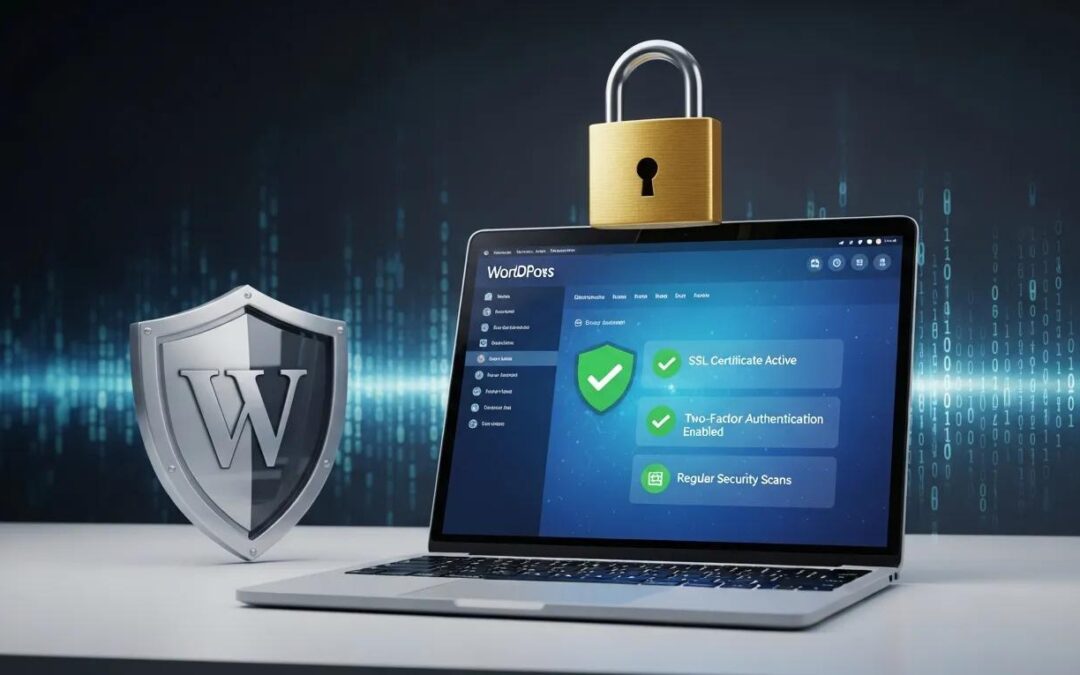 WordPress website security monitoring with a laptop, shield, and digital code
