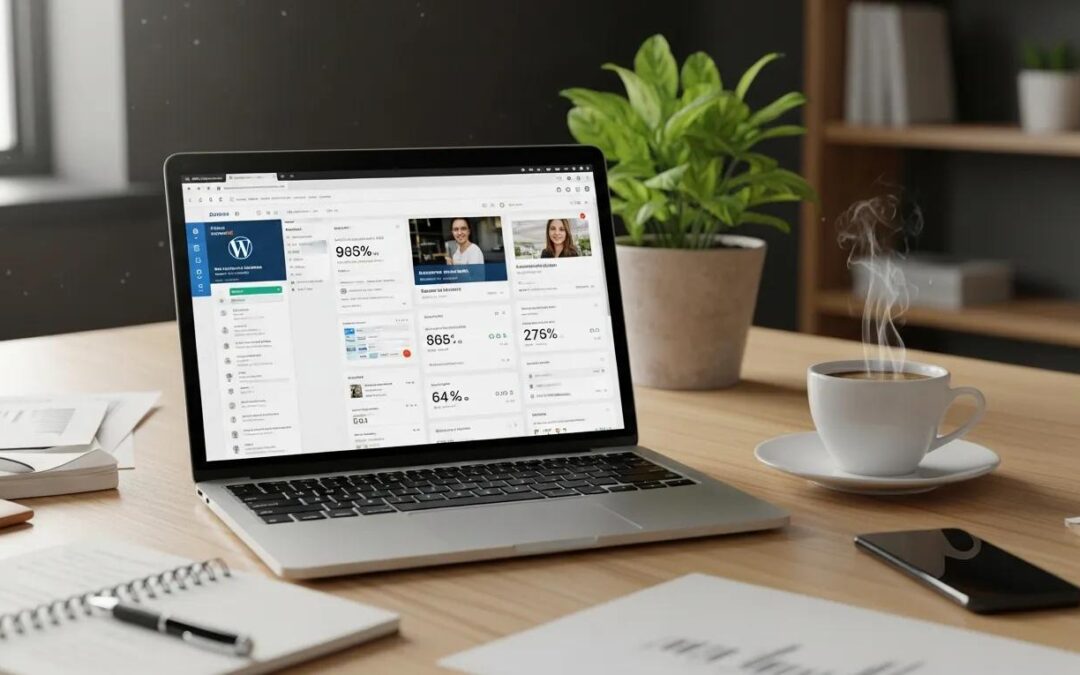 Workspace with laptop showing WordPress dashboard, symbolizing managed WordPress support